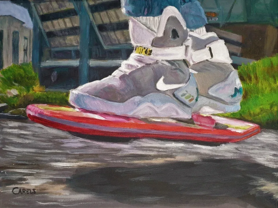 Back to the Future painting of Marty McFly riding a hoverboard in Part II, with Nike Mags and neon colors, by Bart Carels