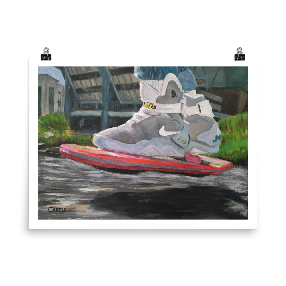 Back to the Future art print and poster titled "Batter Up!" by Bart Carels – hoverboard chase scene as retro wall art
