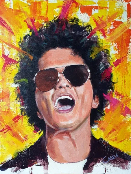 Bruno Mars painting by Bart Carels – expressive pop art portrait with bold color