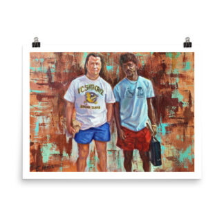 Pulp Fiction art print of Jules and Vincent after the cleanup scene in T-shirts and shorts