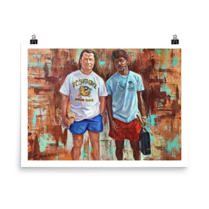 Pulp Fiction art print of Jules and Vincent after the cleanup scene in T-shirts and shorts