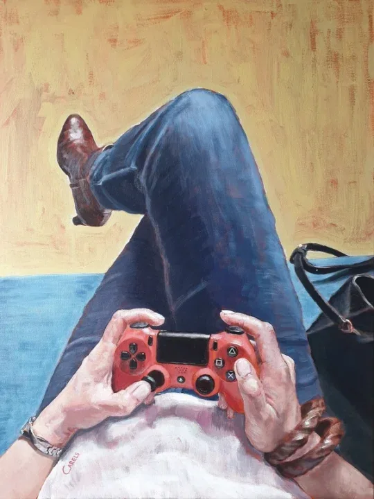 Casual Gamer Painting by Bart Carels – first-person view holding a red PS4 controller
