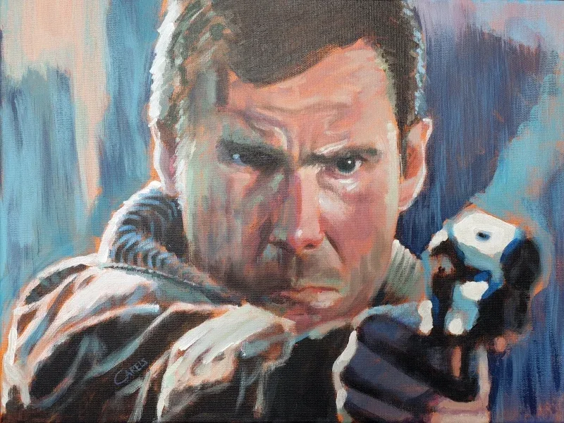Blade Runner painting by Bart Carels – portrait of Rick Deckard with noir lighting