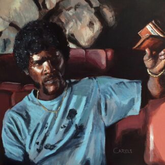 Pulp Fiction diner painting of Jules Winnfield seated in red diner booth
