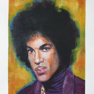 Original acrylic painting on paper of Prince by Bart Carels, capturing dynamic energy and iconic style.