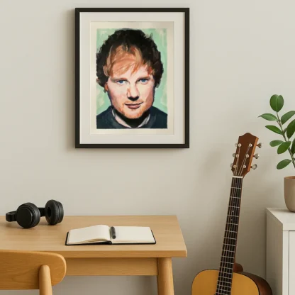 Ed Sheeran portrait painting displayed in a modern music room with guitar and headphones