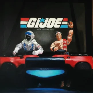 GI Joe painting by Bart Carels – action figures as DJs on a red PS4 controller