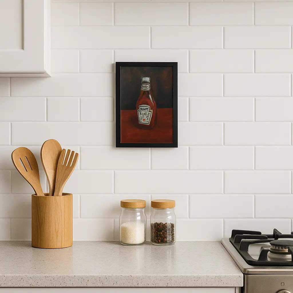 Ketchup bottle painting on canvas, small pop-art still life hanging on a kitchen wall