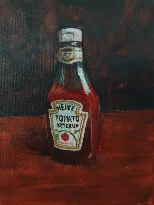 Ketchup bottle painting in pop art style, original acrylic on canvas signed by artist