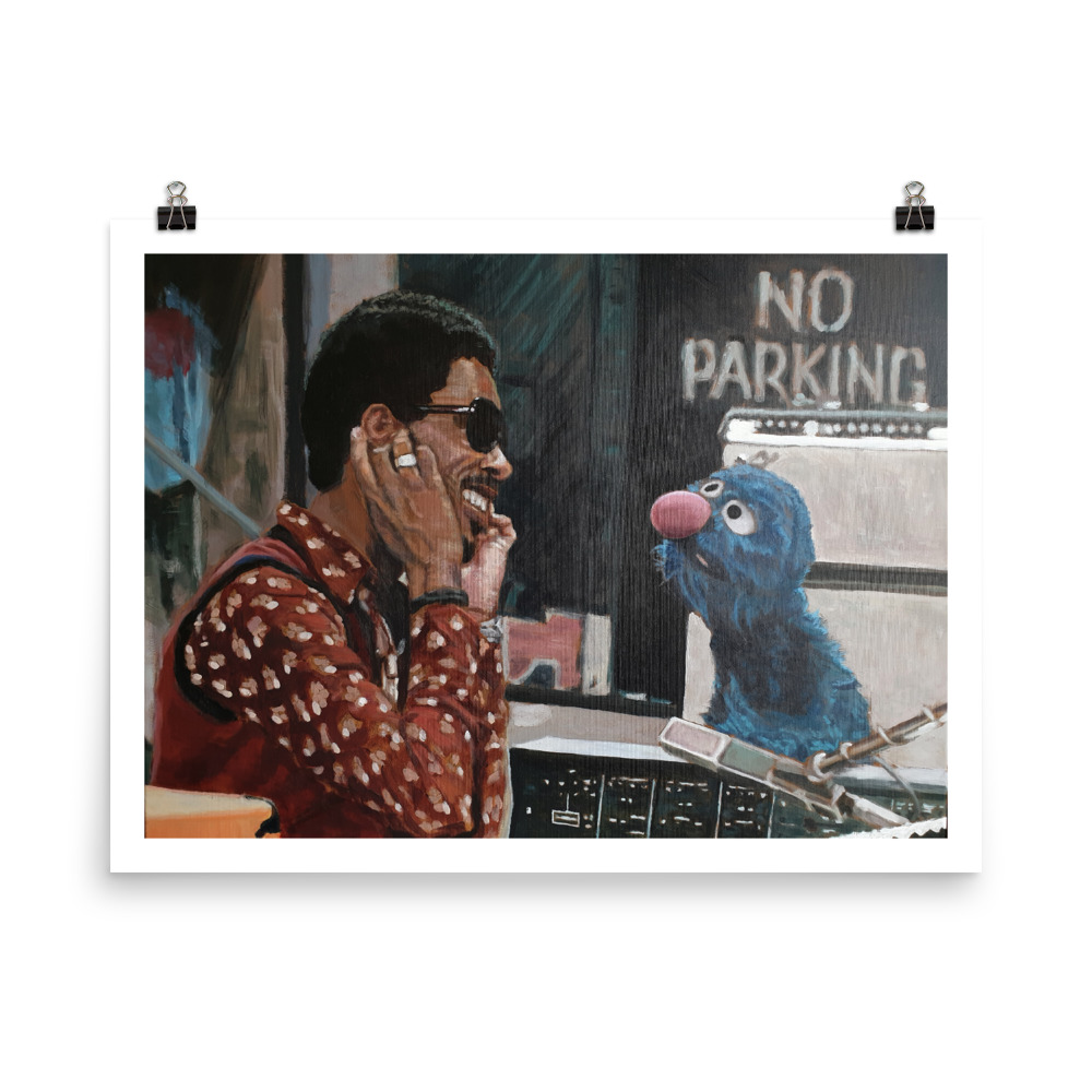 Sesame Street Poster featuring Grover artwork and Stevie Wonder inspired design for kids' room decor