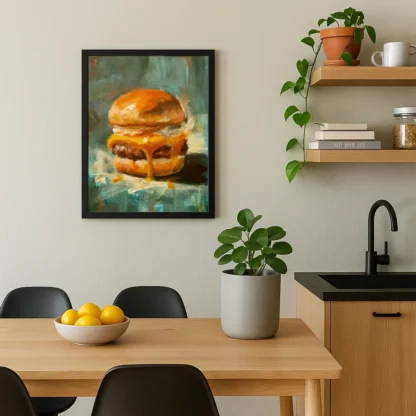 Burger Art Print – Kitchen Dining Mockup Burger art poster displayed in a modern kitchen with natural light and wooden dining table