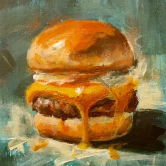 Pop art burger painting with dripping gold accent on white background