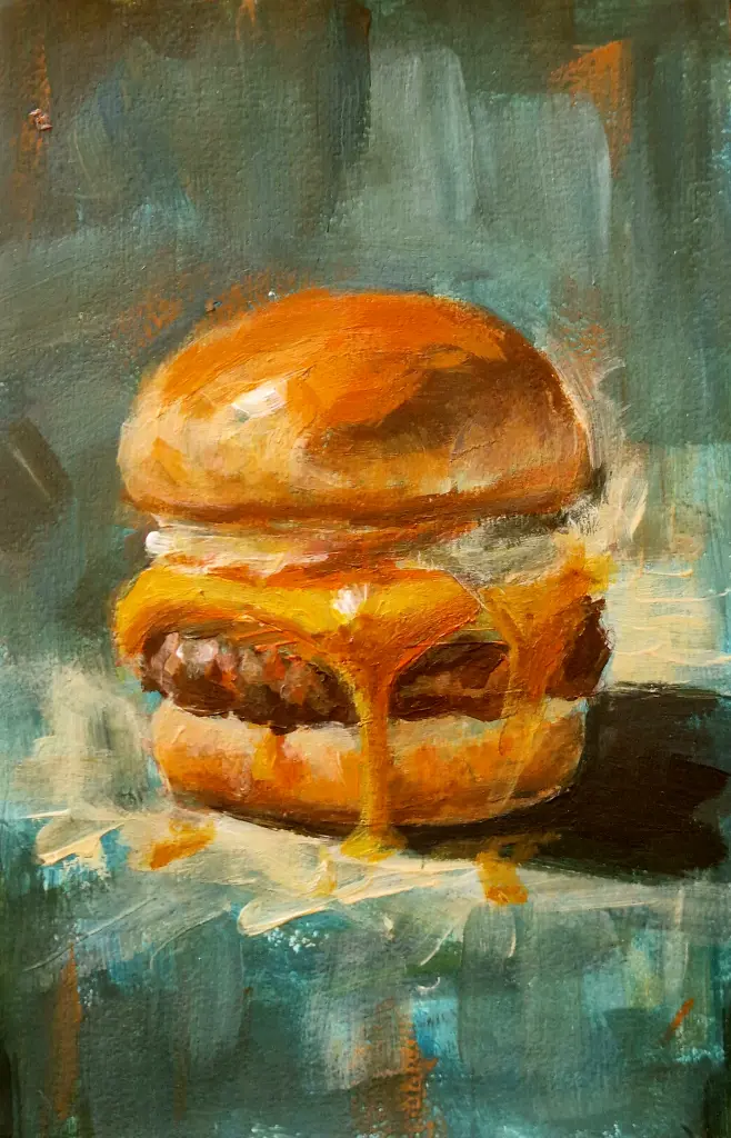 Pop art burger painting with dripping gold accent on white background