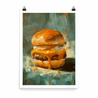 Burger art print with dripping cheese, based on the original “Golden Drip” painting by Bart Carels