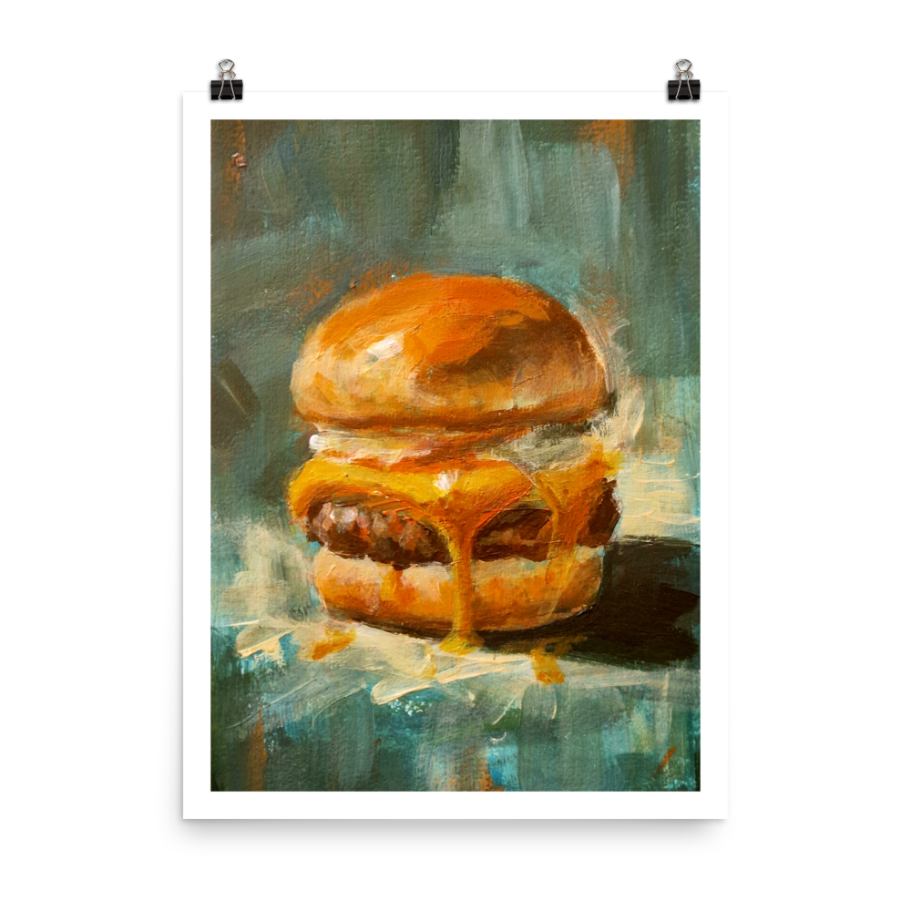Burger art print with dripping cheese, based on the original “Golden Drip” painting by Bart Carels