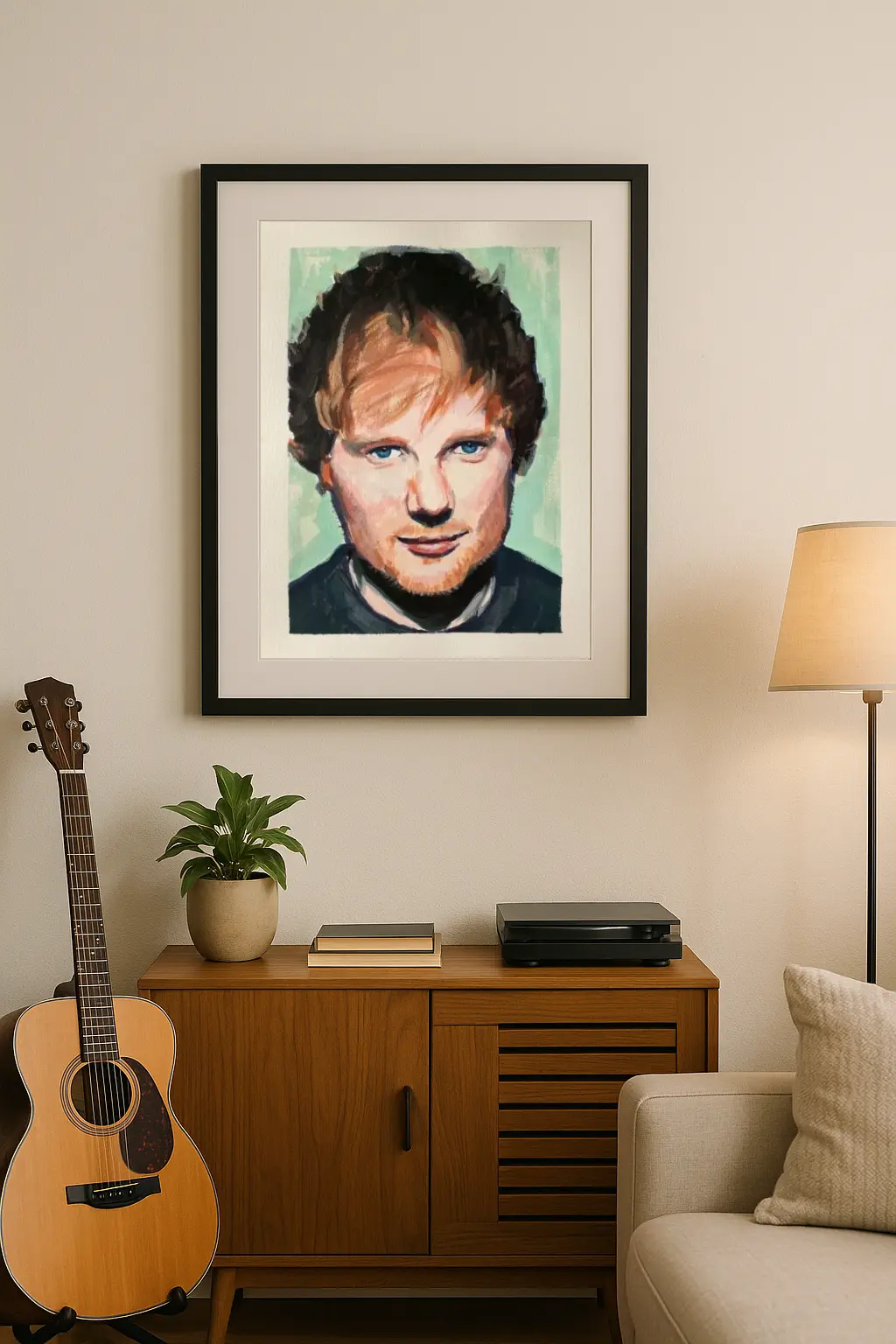 Ed Sheeran artwork wall art mockup framed in a modern living room with guitar and sideboard